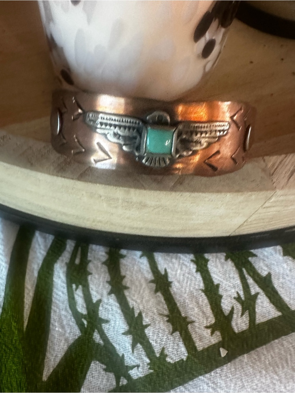 Copper Cuff and silver leather cuff with kingman turquoise